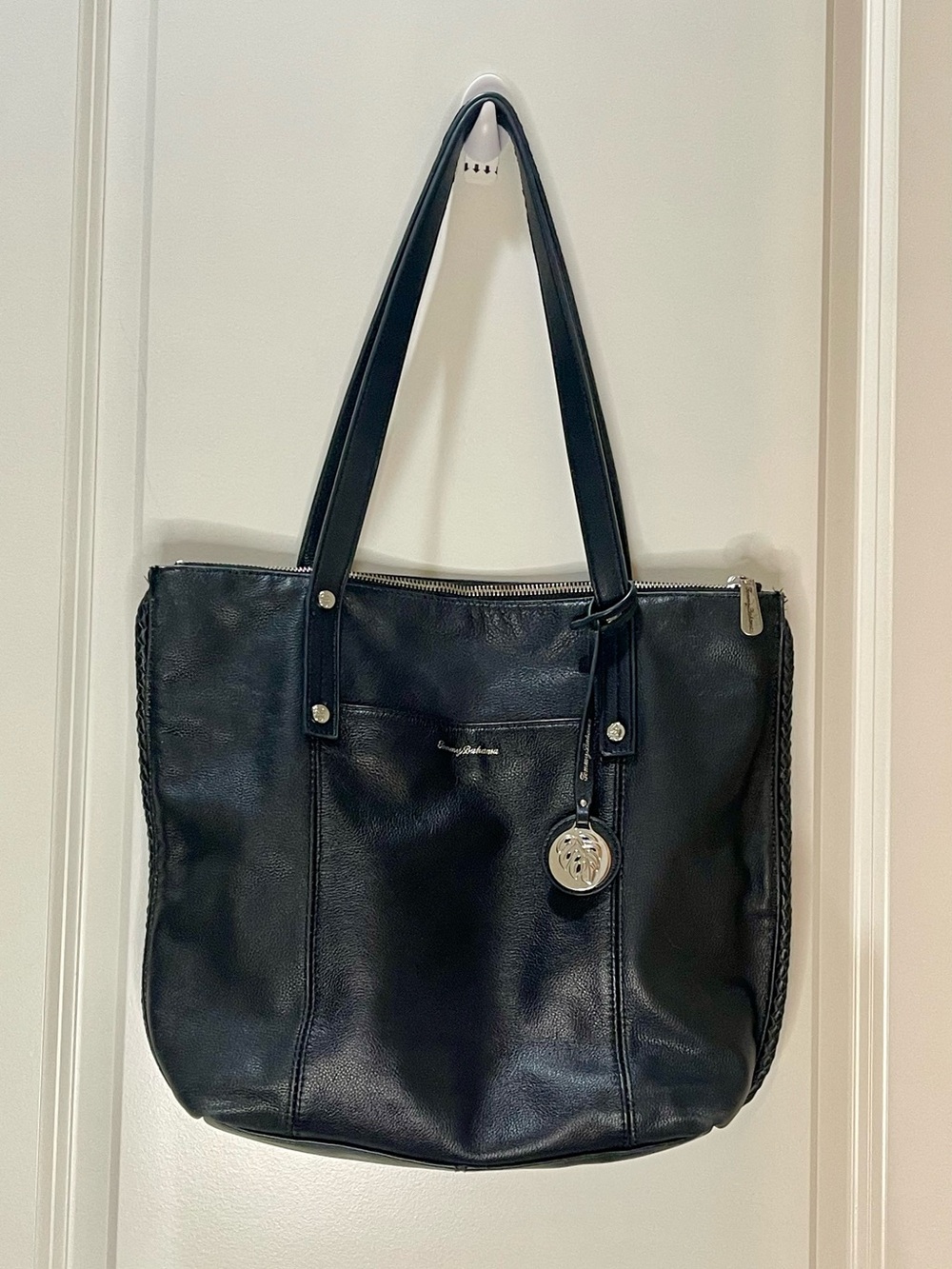 Tommy Bahama Black Leather Tote with Silver Charm